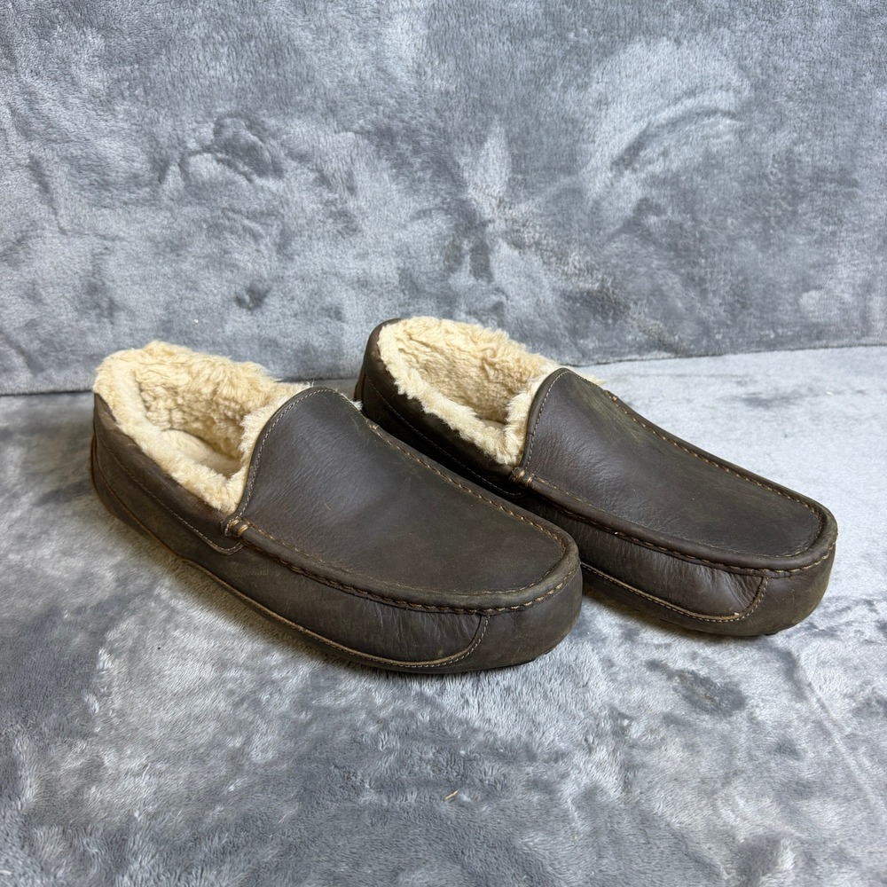 UGG Ascot Leather Slippers Mens 12 Brown Shearling Lined Moccasins 1103889